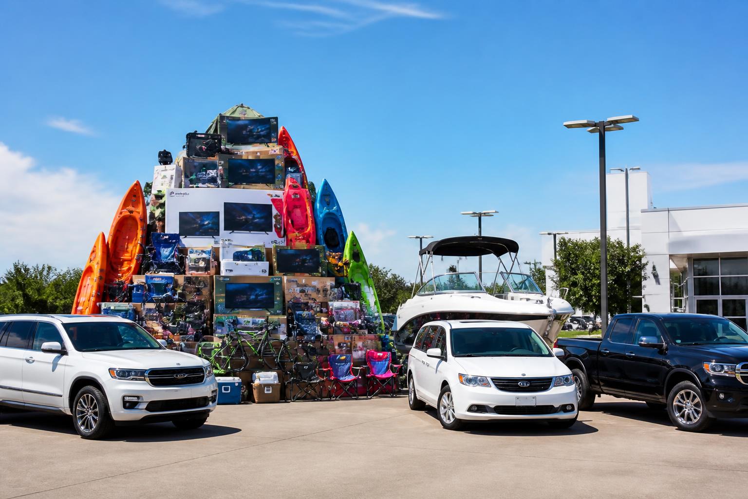 Prize Mountain stacked with kayaks, coolers and camping gear beside a boat and Subaru vehicles
